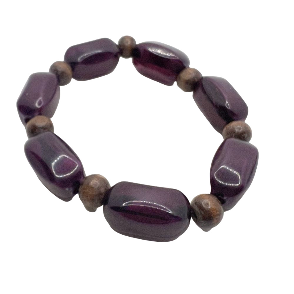 Stone and wooded bead stretch bracelet